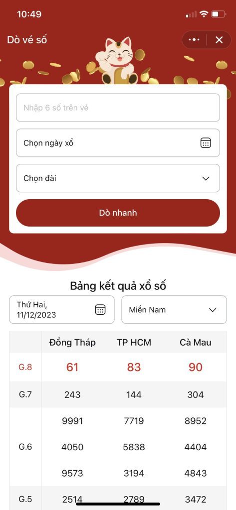 Dò vé số trên Zalo miniapp